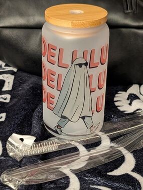 Frosted Glass Water Bottle with Bamboo Lid — Ghost Graphic, Coral Text